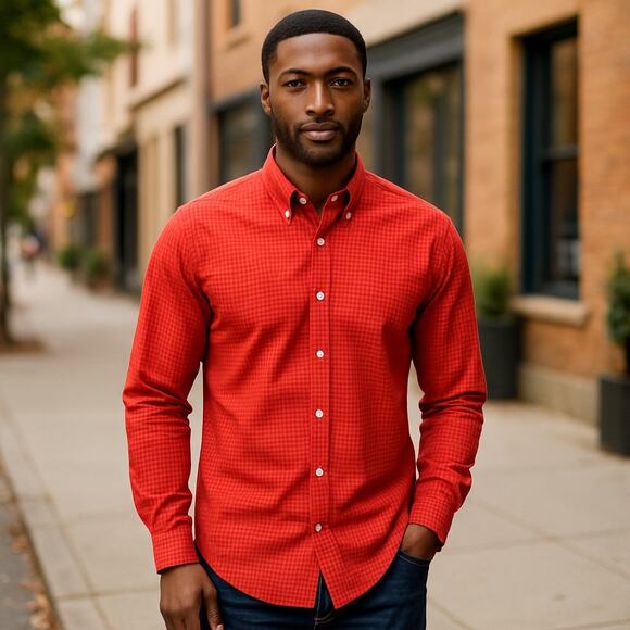 L.L. Bean Men’s M Red White Check Shirt Cotton Button Up Long Sleeve - Picture 1 of 10